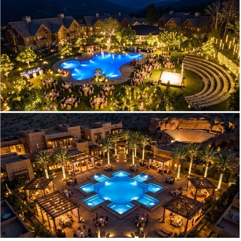 Aerial night view of resort wedding with illuminated pool &mdash; SnazzyTrips Jim Corbett